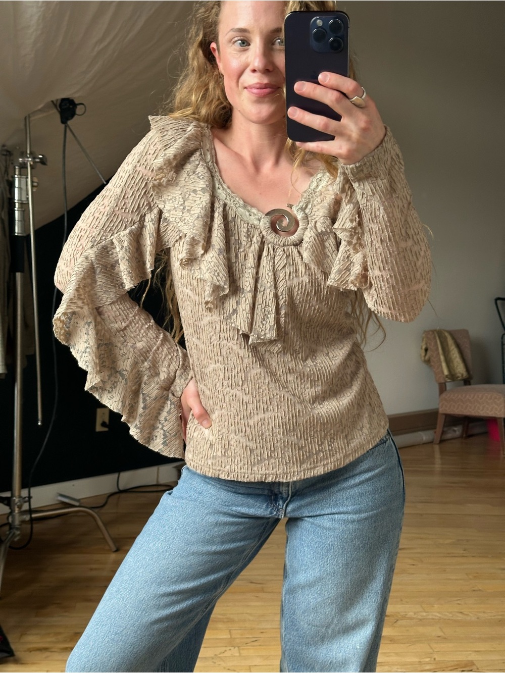 Y2K Ruffled Long-Sleeve Top in Beige - Textured Blouse